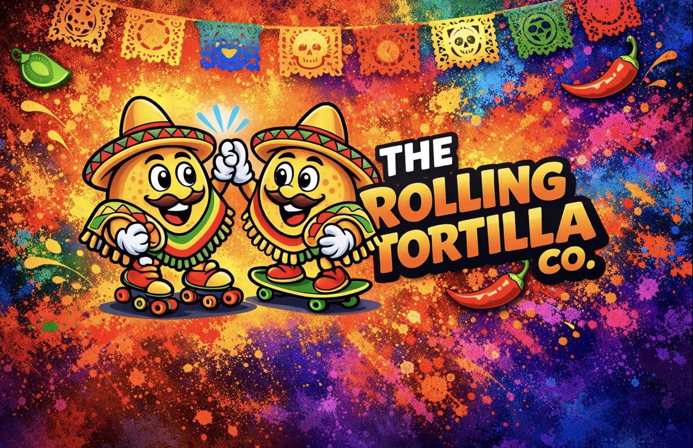The Rolling Tortilla Co. logo: two smiling tortilla characters in sombreros, one on roller skates and one on a skateboard, giving a high five